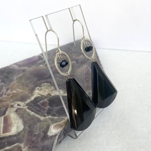Deb Guyot Sterling Silver 925 Faceted Teardrop Black Tourmaline Dangle Earrings - Picture 3 of 16